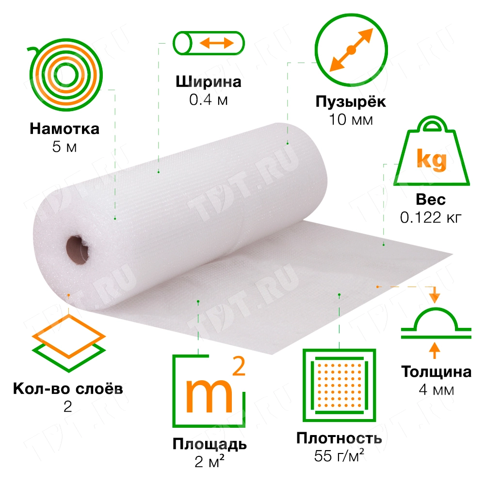 Воздушно пузырьковая пленка, 5*0.4 м «Компакт», 55 г/м², двухслойная