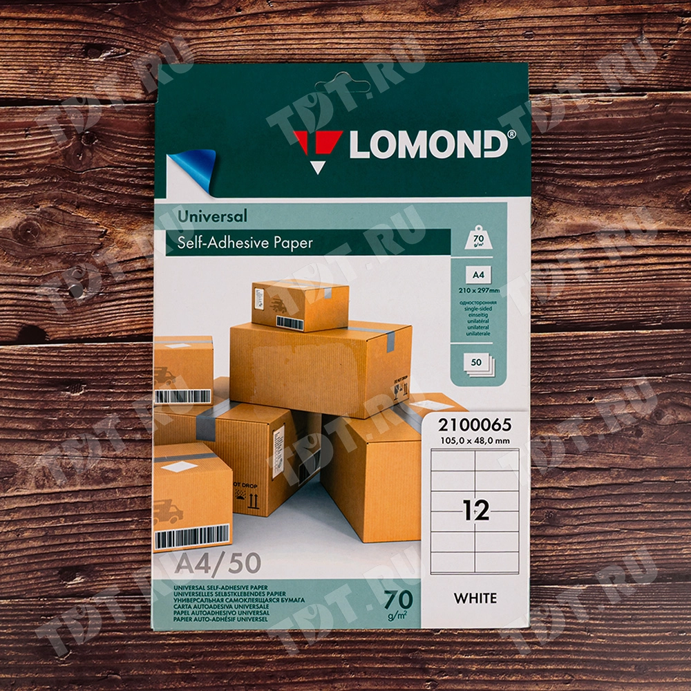 Самоклеящаяся бумага Lomond белая, 50 листов, А4, 12 этикеток, 105*48 мм