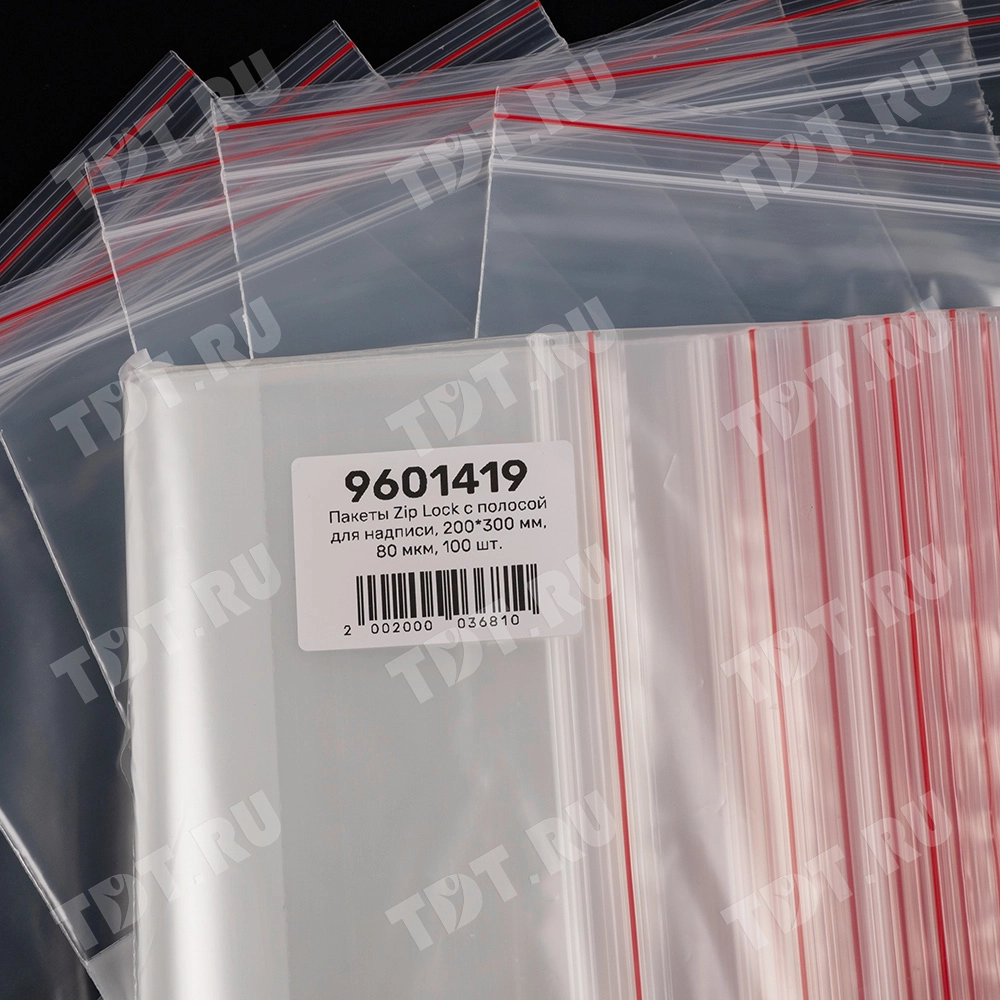 Пакет Zip Lock с полосой для надписи, прозрачный, 200*300 мм, 80 мкм, 100 шт.