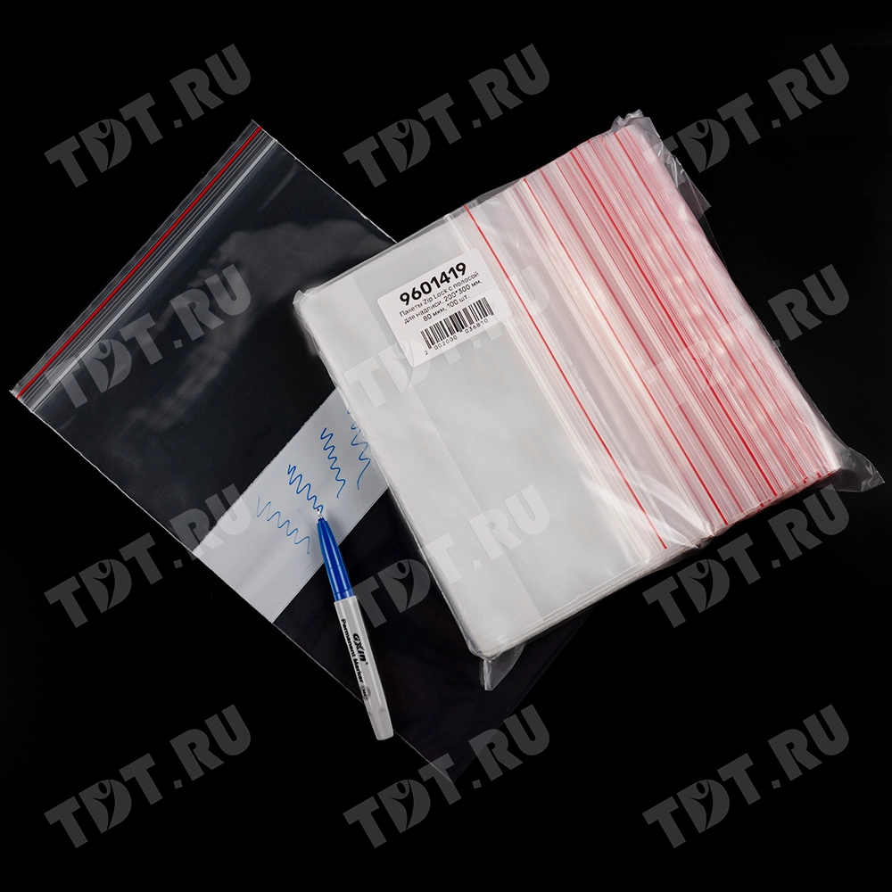 Пакет Zip Lock с полосой для надписи, прозрачный, 200*300 мм, 80 мкм, 100 шт.