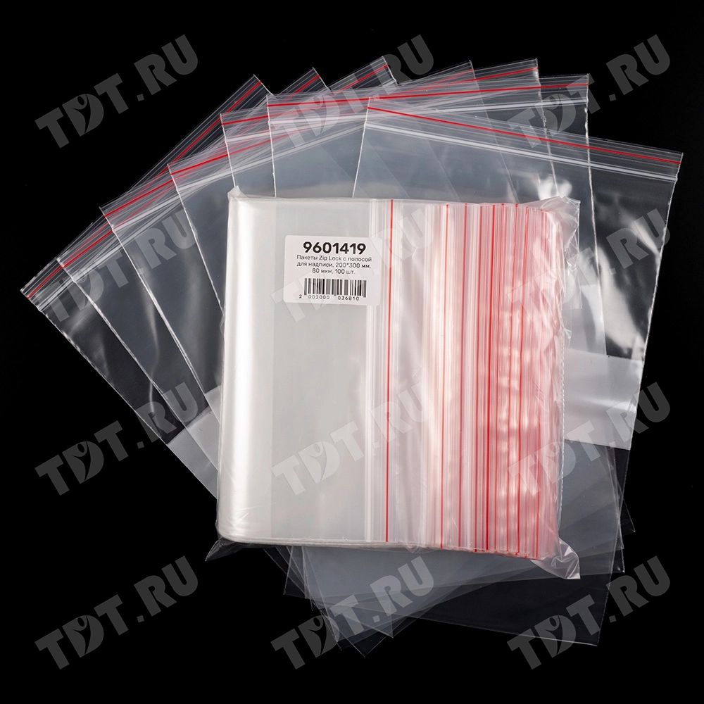 Пакет Zip Lock с полосой для надписи, прозрачный, 200*300 мм, 80 мкм, 100 шт.