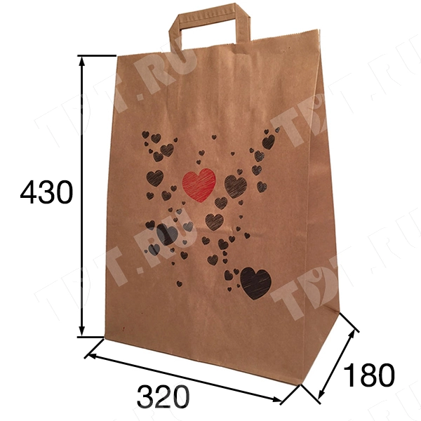 Крафт пакет с плоской ручкой «Сердечки», 80 г/м², 32*18*43 см