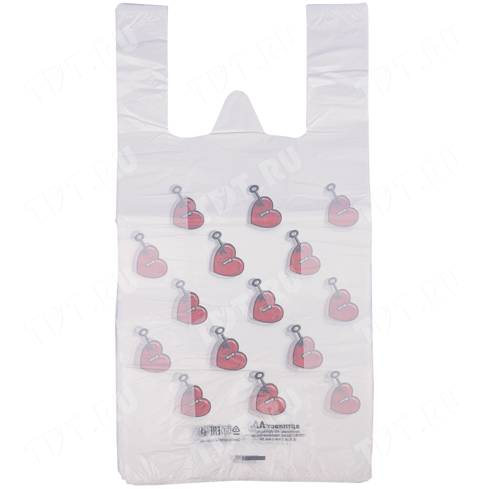 Полиэтиленовый пакет майка ПНД «Сердечки», 30+16*60см, 15 мкм, 50шт.