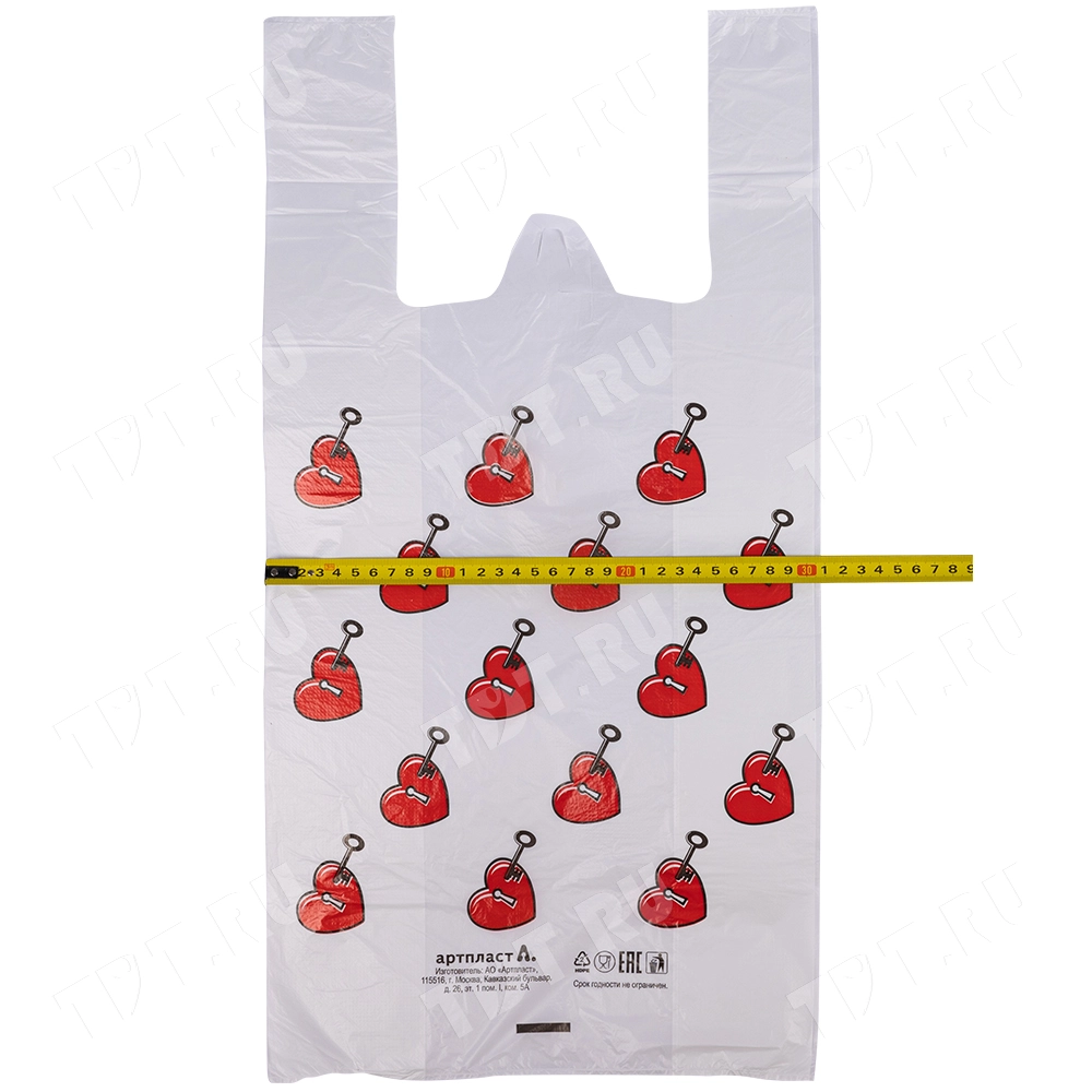 Полиэтиленовый пакет майка ПНД «Сердечки», 30+16*60см, 15 мкм, 50шт.