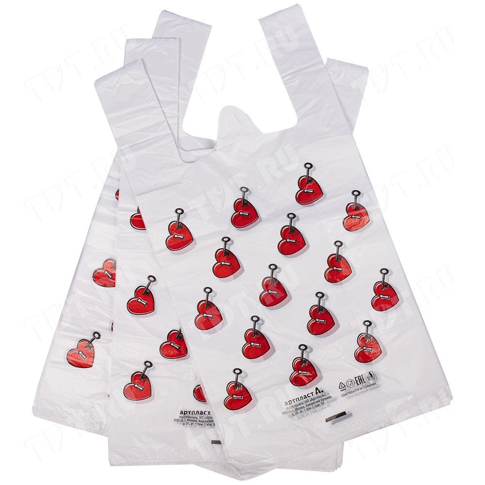 Полиэтиленовый пакет майка ПНД «Сердечки», 30+16*60см, 15 мкм, 50шт.