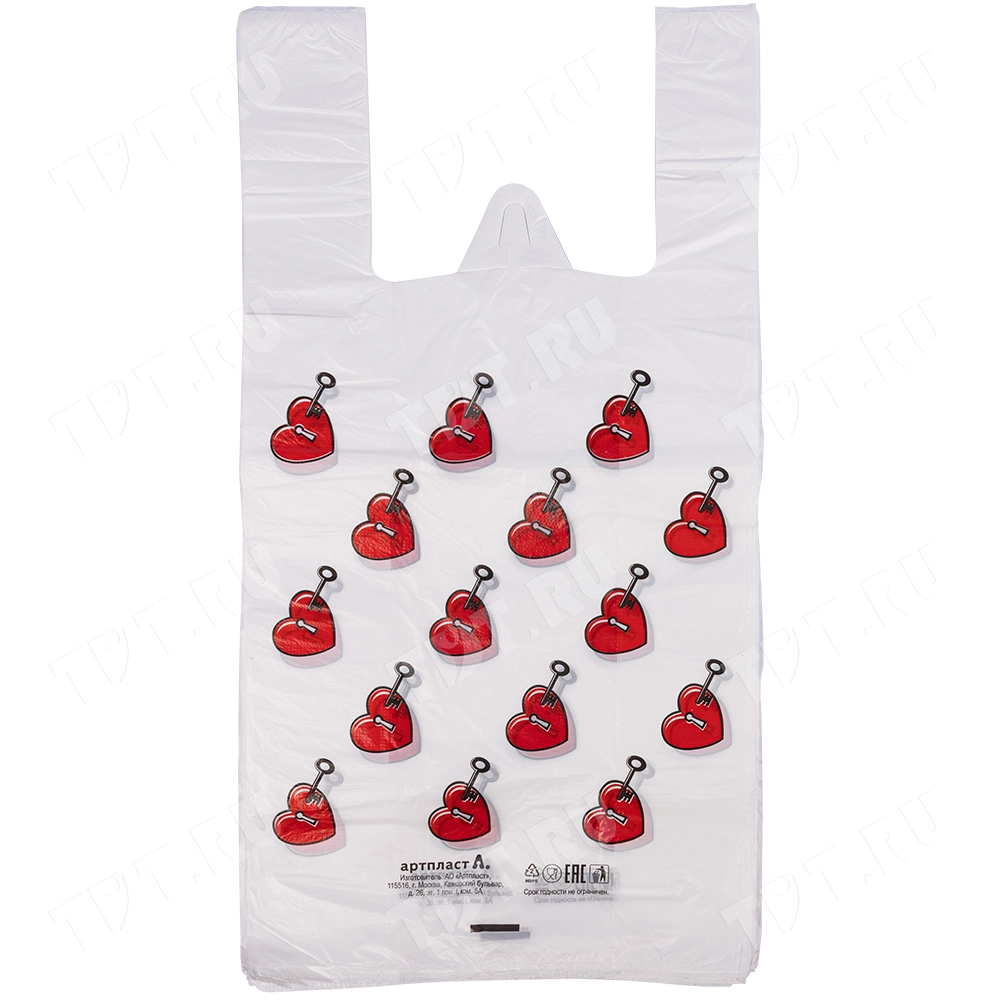 Полиэтиленовый пакет майка ПНД «Сердечки», 30+16*60см, 15 мкм, 50шт.