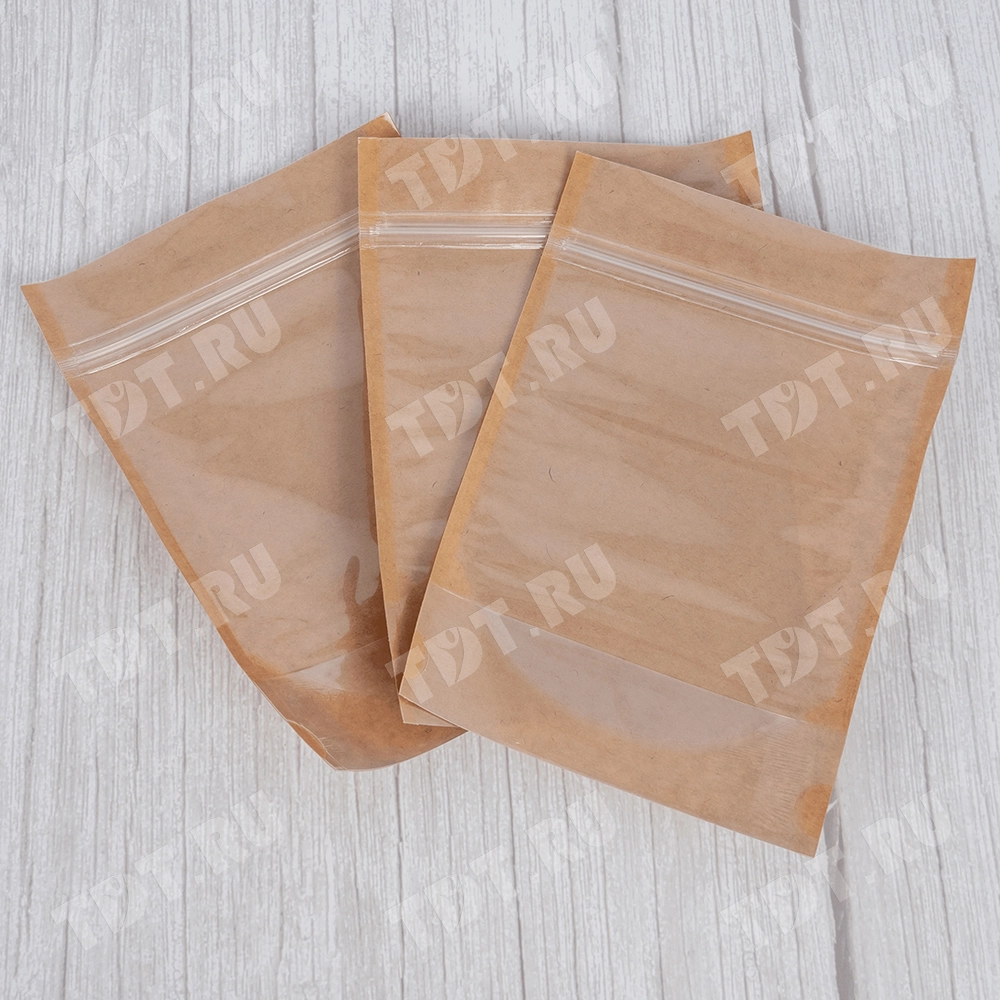 Крафт дой-пак с zip lock и окошком, 13*15+3.5 см, 100 шт.