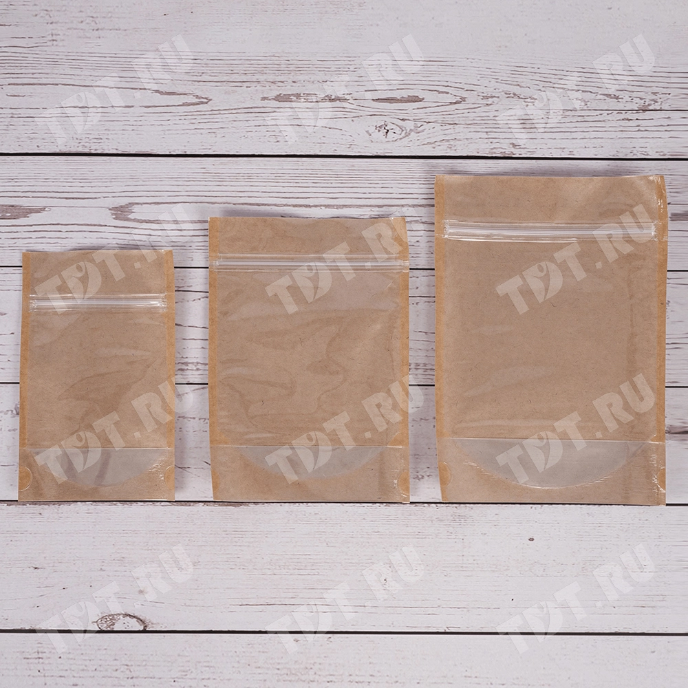 Крафт дой-пак с zip lock и окошком, 13*15+3.5 см, 100 шт.