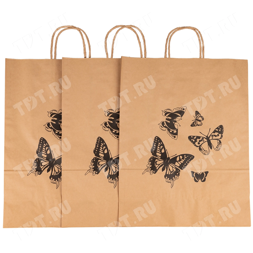 Крафт пакет с крученой ручкой «Бабочки», 80 г/м², 35*15*45 см