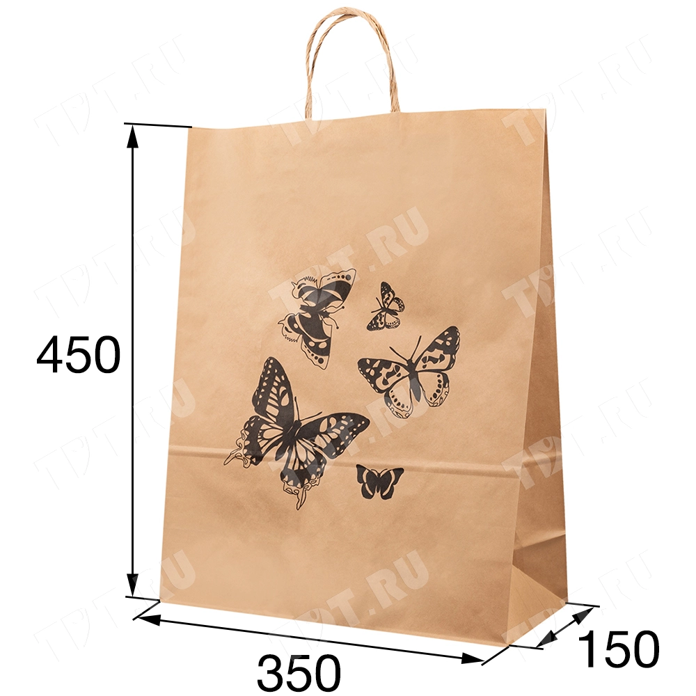 Крафт пакет с крученой ручкой «Бабочки», 80 г/м², 35*15*45 см