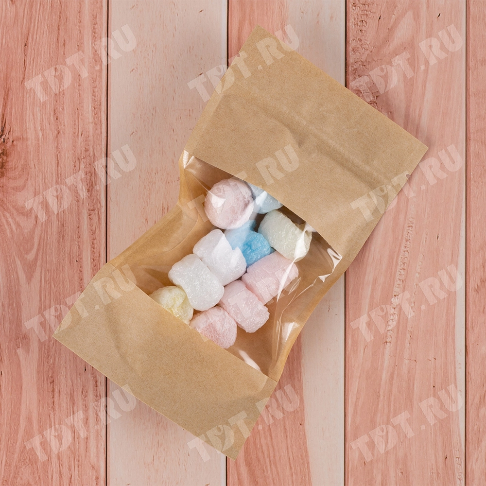 Крафт дой-пак с zip lock, прямоугольное окно 7-10 см, 10.5*3.5*18.5 см, 50 шт.