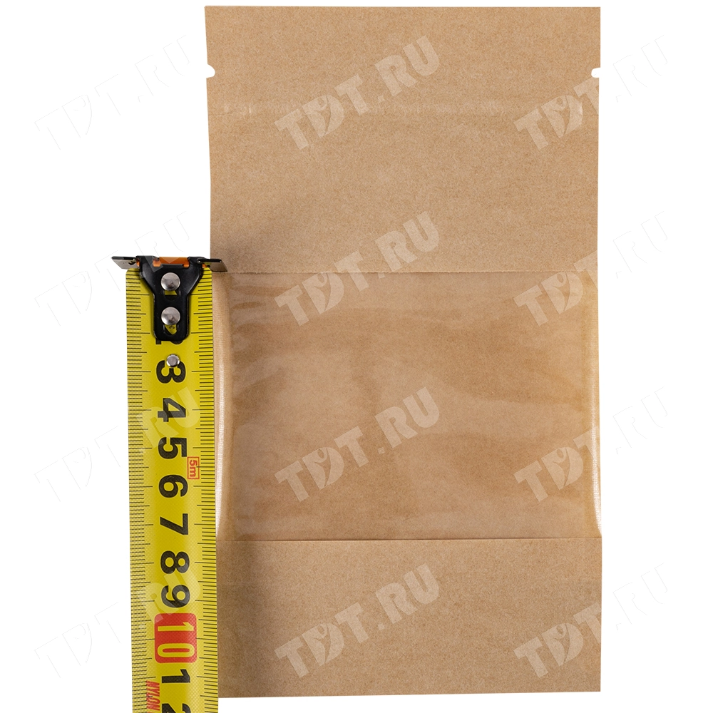 Крафт дой-пак с zip lock, прямоугольное окно 7-10 см, 10.5*3.5*18.5 см, 50 шт.