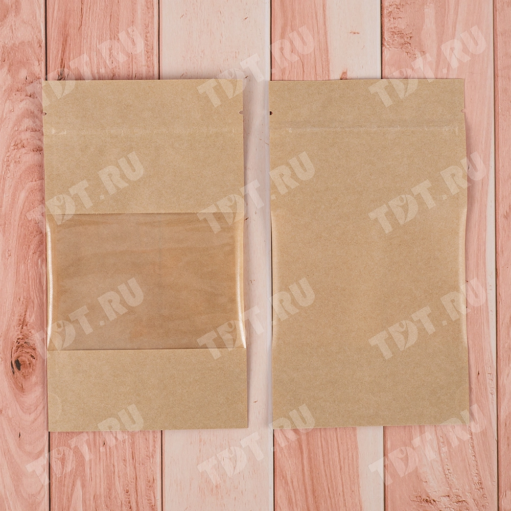Крафт дой-пак с zip lock, прямоугольное окно 7-10 см, 10.5*3.5*18.5 см, 50 шт.