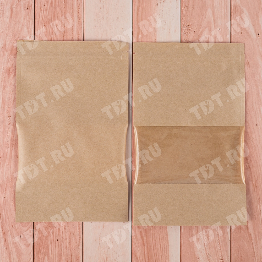 Крафт дой-пак с zip lock, прямоугольное окно 7 см, 13.5*4*22.5 см, 50 шт.
