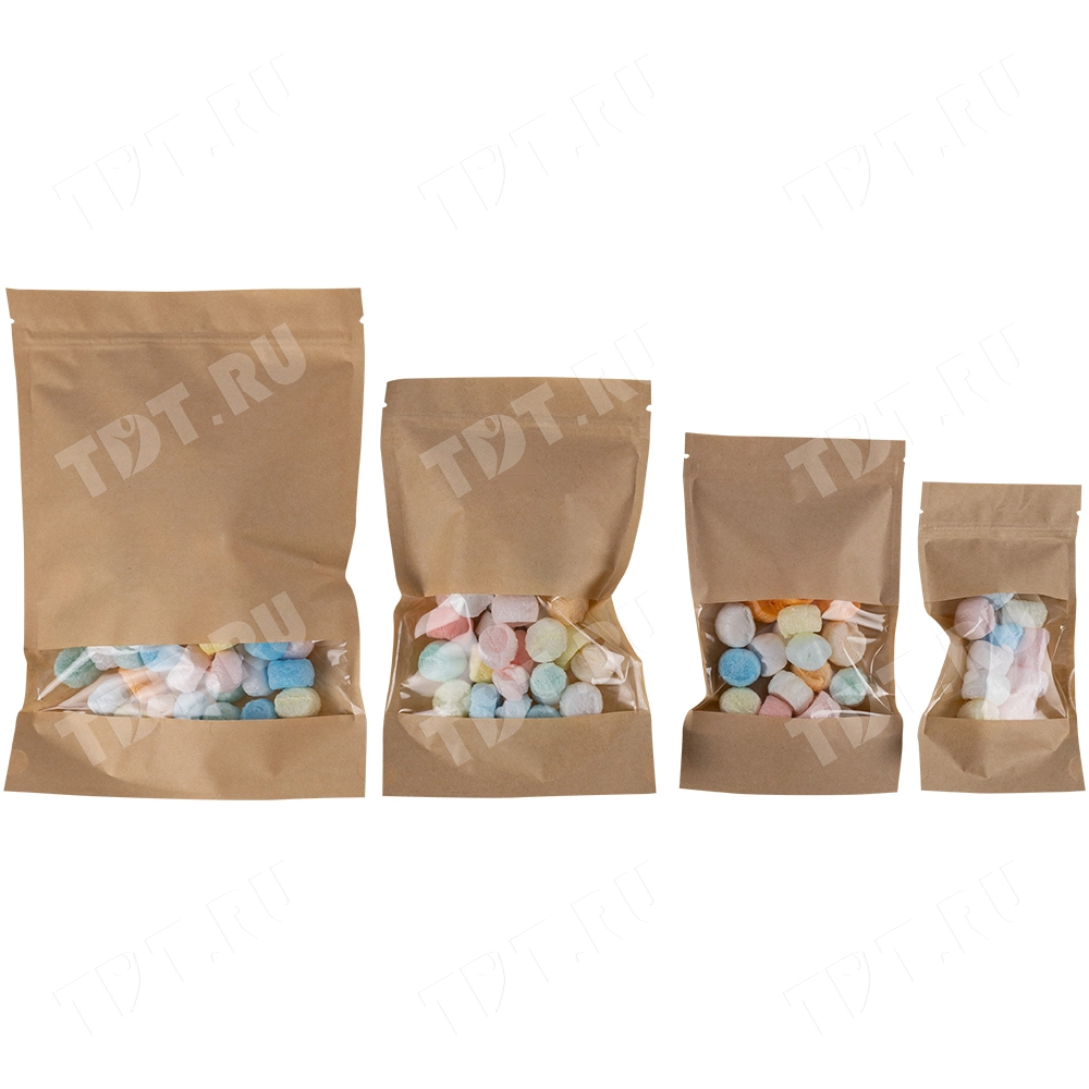 Крафт дой-пак с zip lock, прямоугольное окно 7 см, 13.5*4*22.5 см, 50 шт.