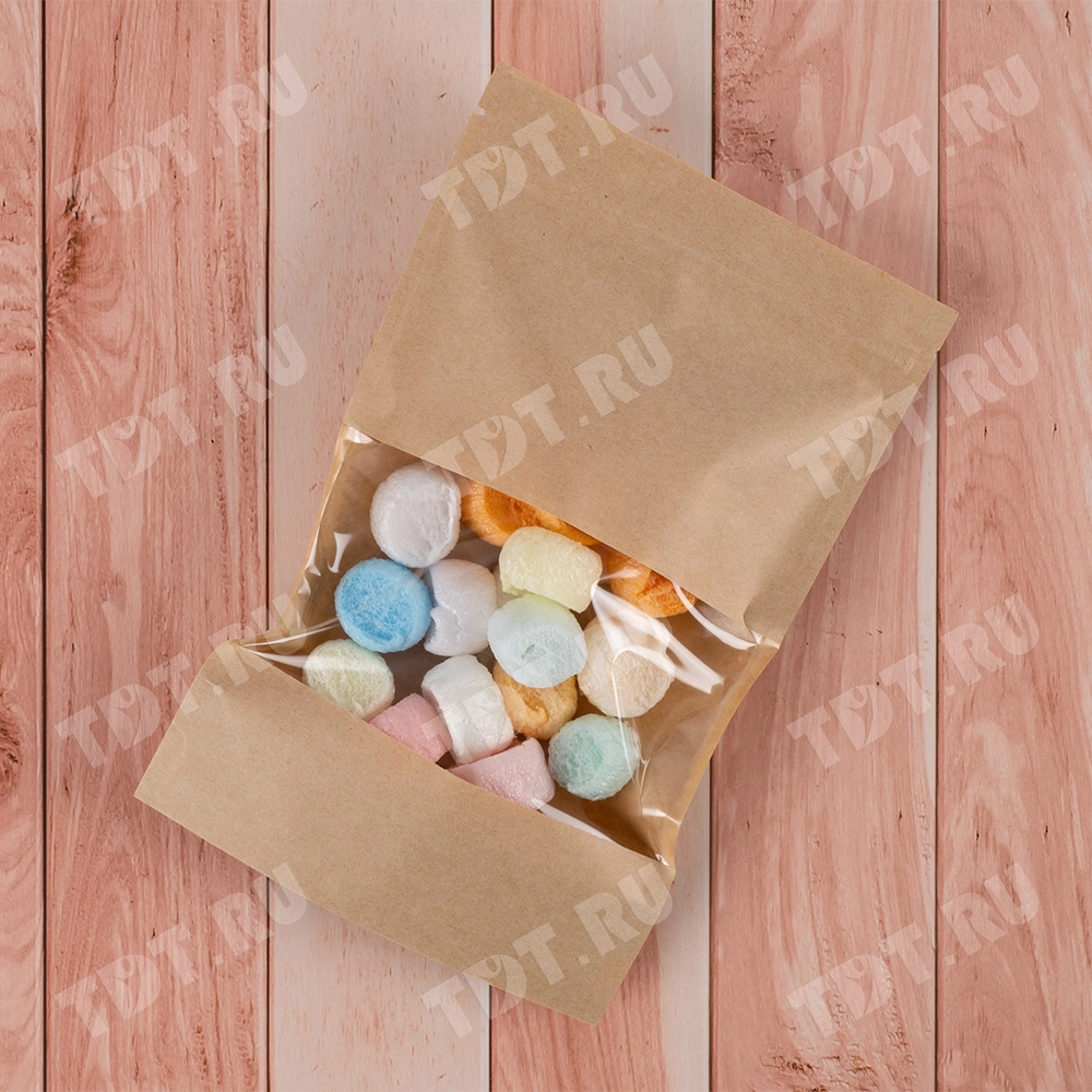 Крафт дой-пак с zip lock, прямоугольное окно 7 см, 13.5*4*22.5 см, 50 шт.