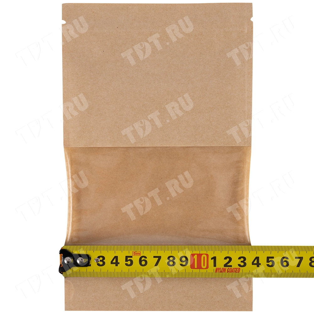 Крафт дой-пак с zip lock, прямоугольное окно 7 см, 13.5*4*22.5 см, 50 шт.