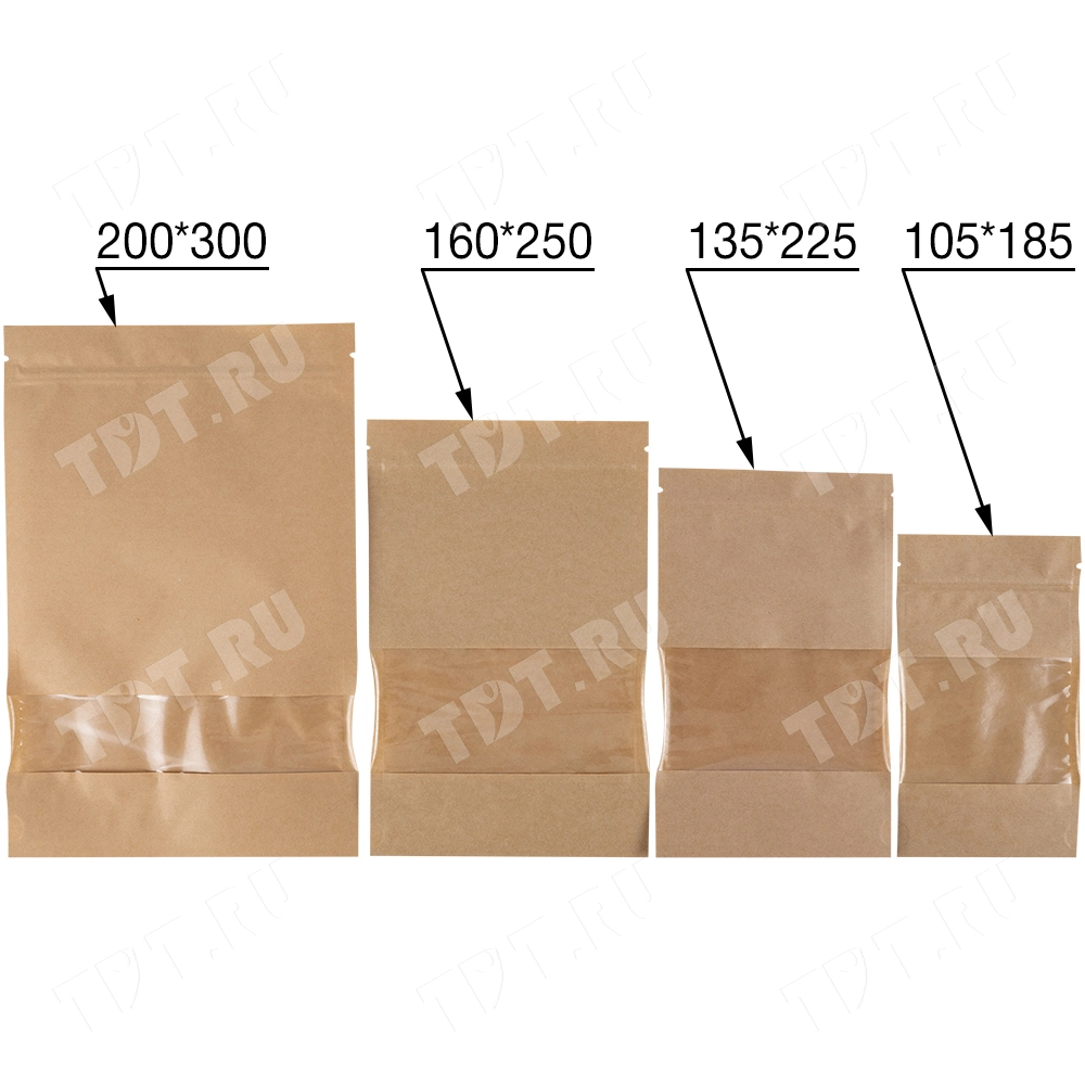Крафт дой-пак с zip lock, прямоугольное окно 7 см, 13.5*4*22.5 см, 50 шт.