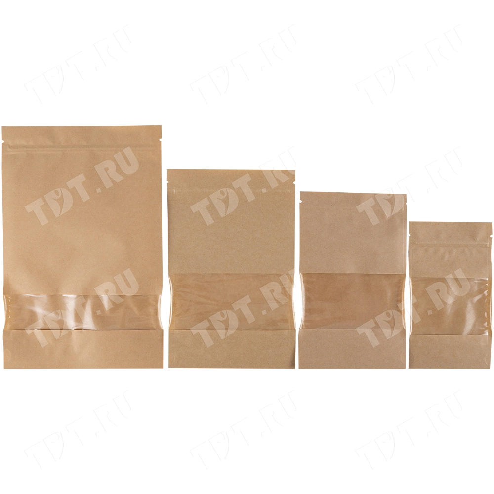 Крафт дой-пак с zip lock, прямоугольное окно 7 см, 13.5*4*22.5 см, 50 шт.