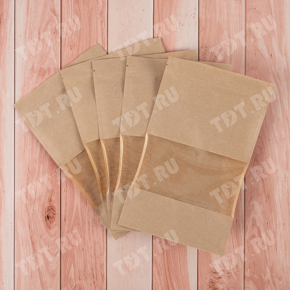 Крафт дой-пак с zip lock, прямоугольное окно 7 см, 13.5*4*22.5 см, 50 шт.