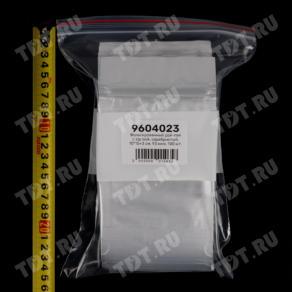 Фольгированный дой-пак с zip lock, серебристый, 10*15+3 см, 93 мкм, 100 шт.