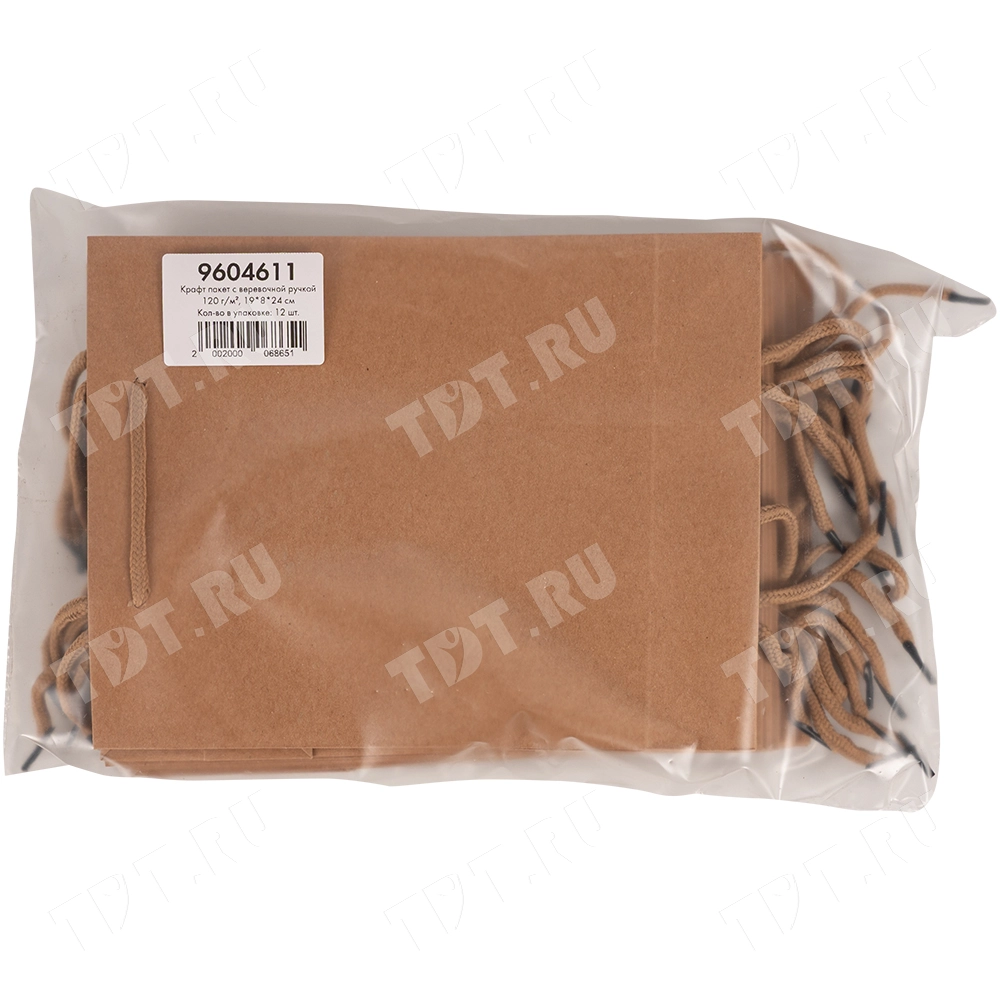 Крафт пакет с веревочной ручкой, 120 г/м², 19*8*24 см