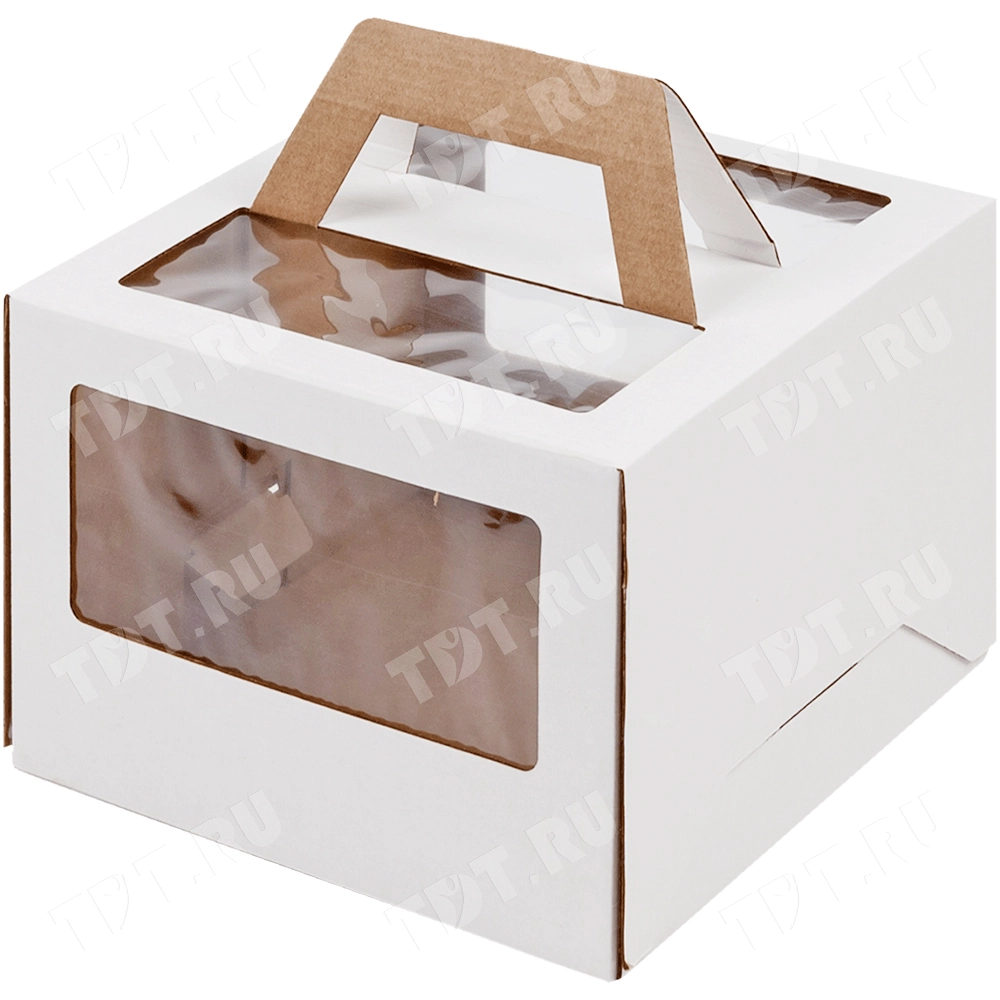 Короб для торта, с окнами и ручками, белый, 220*220*150 мм