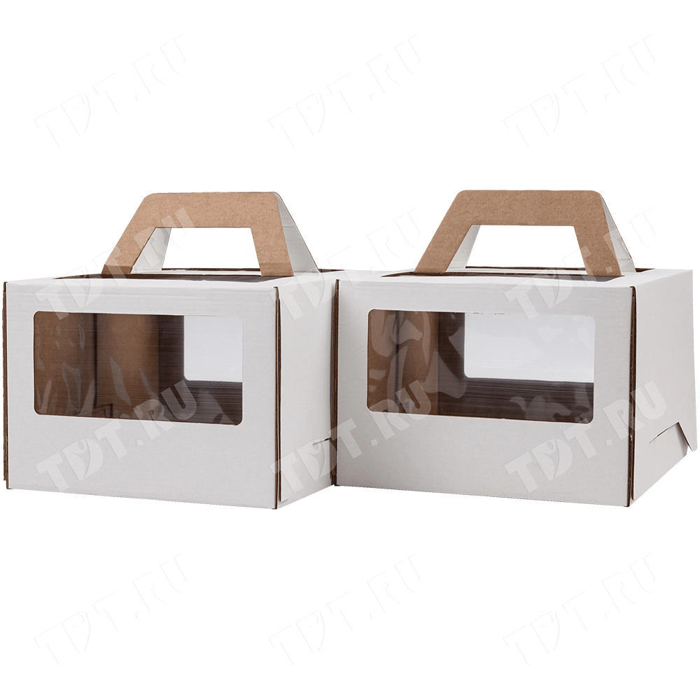 Короб для торта, с окнами и ручками, белый, 220*220*150 мм