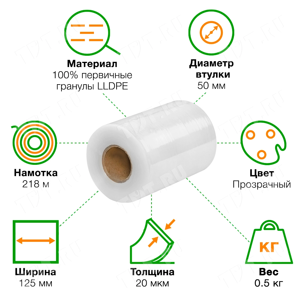 Стрейч пленка прозрачная, микро-ролик, 125 мм, 20 мкм, 0.5 кг, 1 сорт