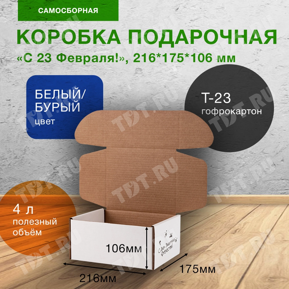 Подарочный короб «С 23 Февраля!», беленый, 216*175*106 мм, Т-23