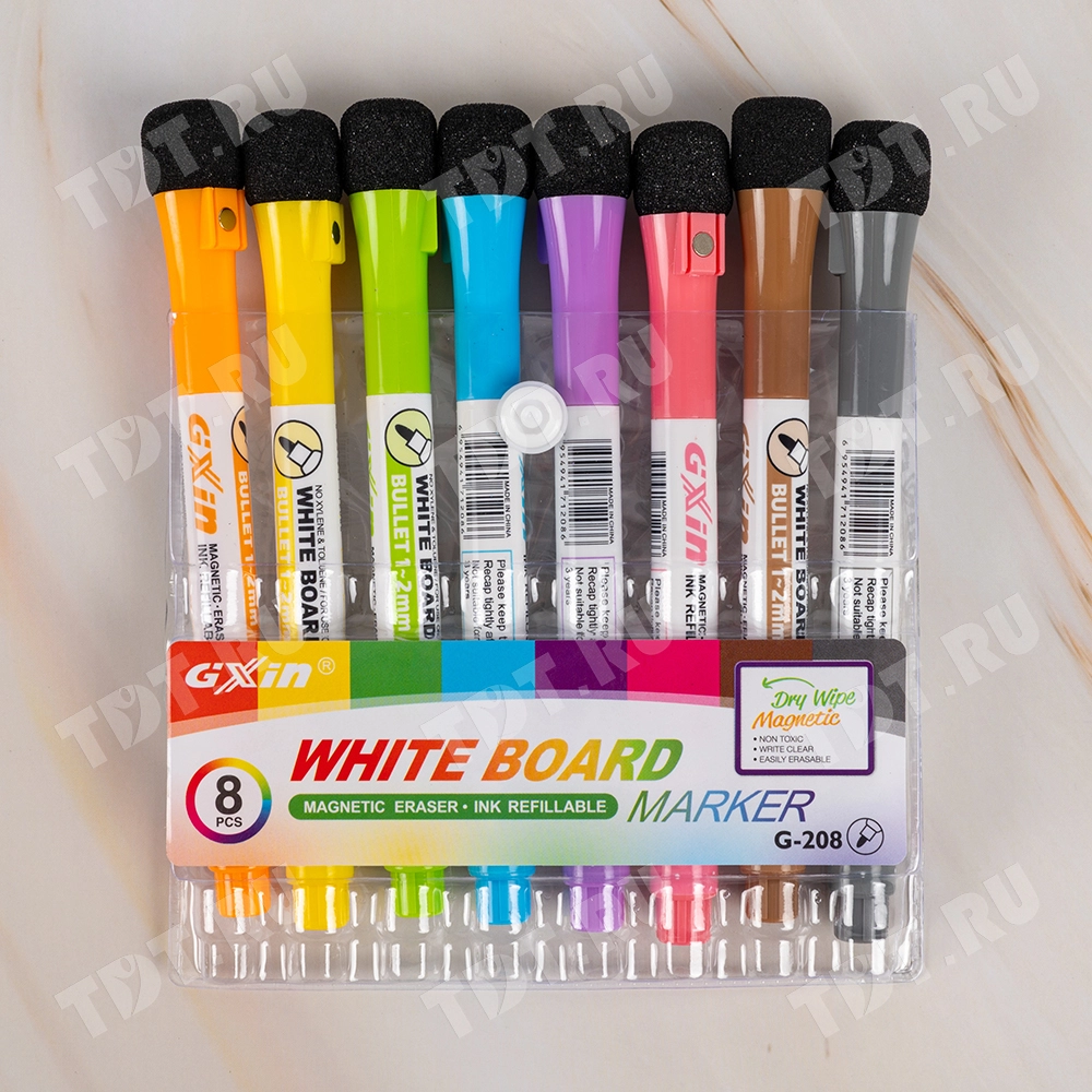 Маркер с ластиком Gxin G-208CL/8 для магнитной доски, набор 8 цветов, 2 мм, 8 шт./уп.