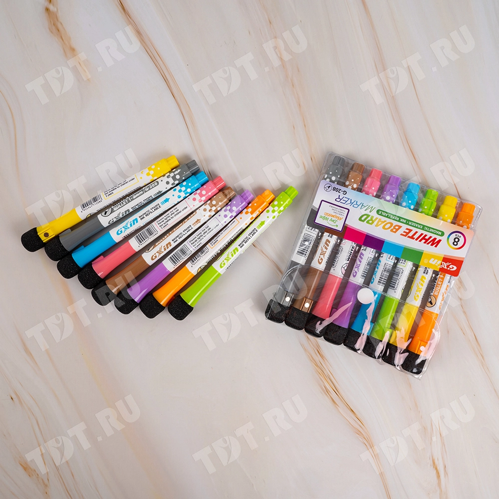 Маркер с ластиком Gxin G-208CL/8 для магнитной доски, набор 8 цветов, 2 мм, 8 шт./уп.