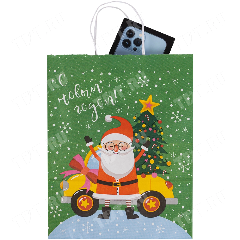 Подарочный пакет с крученой ручкой «Дед Мороз и ёлка», 80 г/м², 25*11*32 см