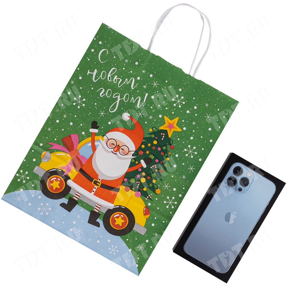 Подарочный пакет с крученой ручкой «Дед Мороз и ёлка», 80 г/м², 25*11*32 см