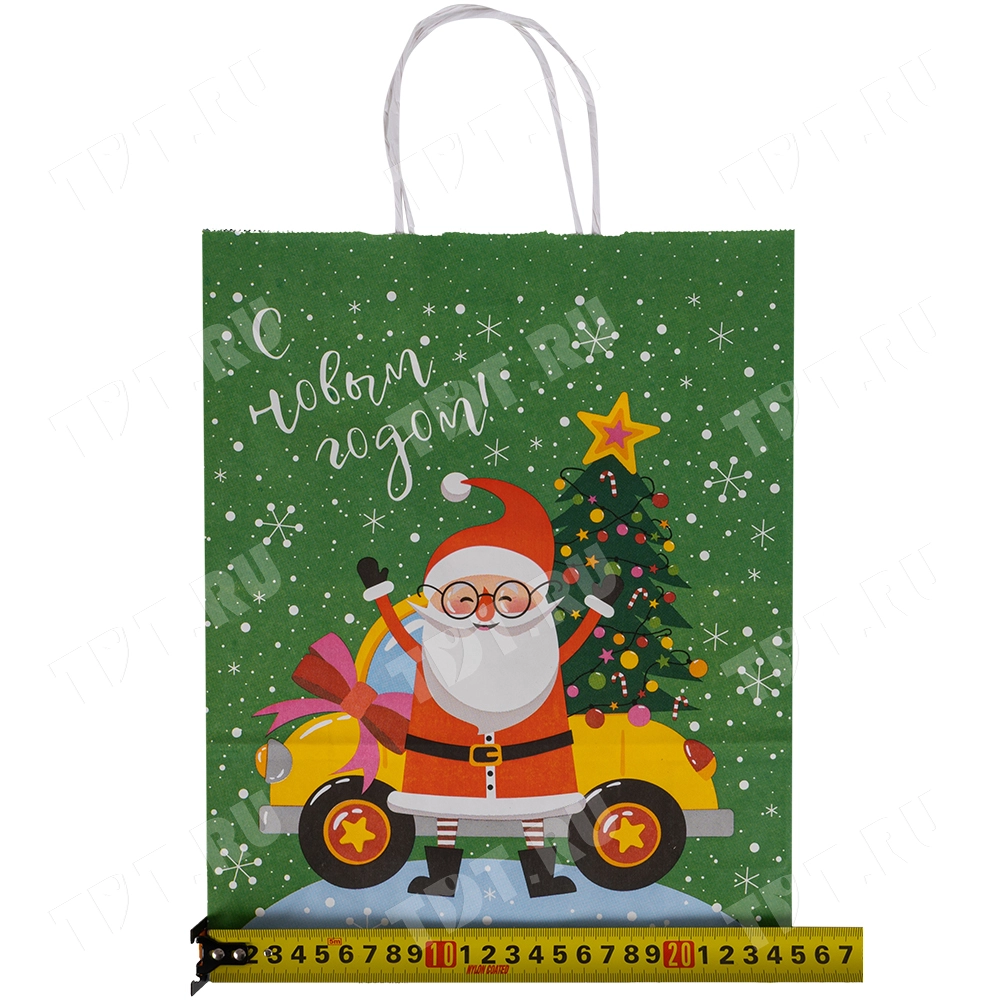 Подарочный пакет с крученой ручкой «Дед Мороз и ёлка», 80 г/м², 25*11*32 см