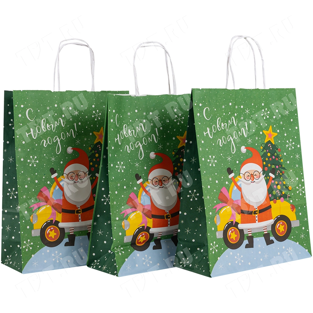 Подарочный пакет с крученой ручкой «Дед Мороз и ёлка», 80 г/м², 25*11*32 см