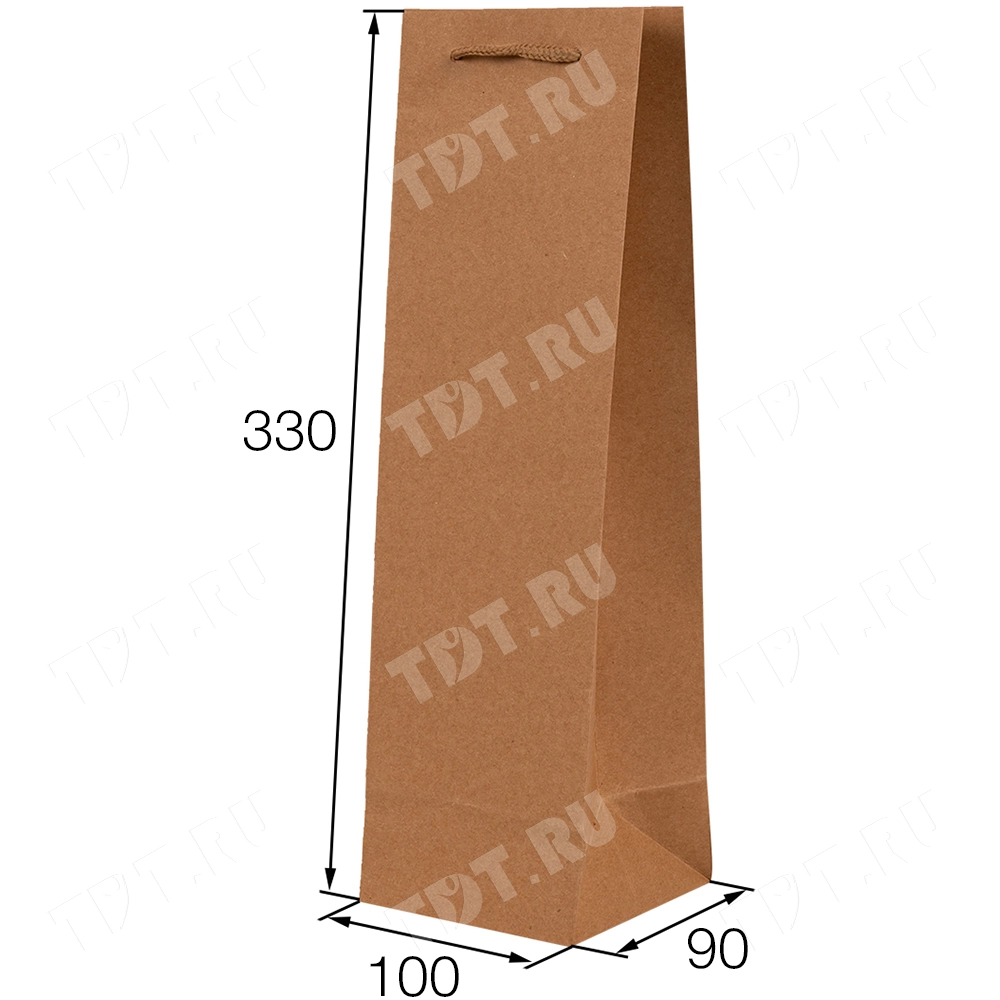 Крафт пакет с веревочной ручкой для бутылок, 120 г/м², 10*9*33 см