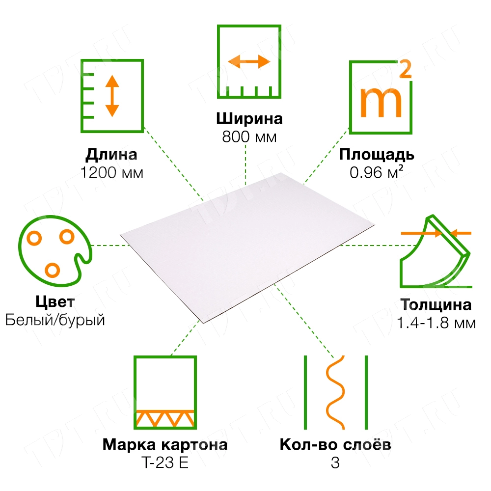 Лист микрогофрокартона T-23, бело-бурый, 1200*800 мм, 0.96 м², волна вдоль стороны 1200 мм