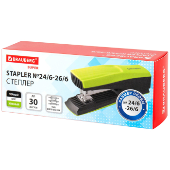 Степлер BRAUBERG «Super» для скоб №24/6 и №26/6, пластик, зелёно-чёрный, 30 листов