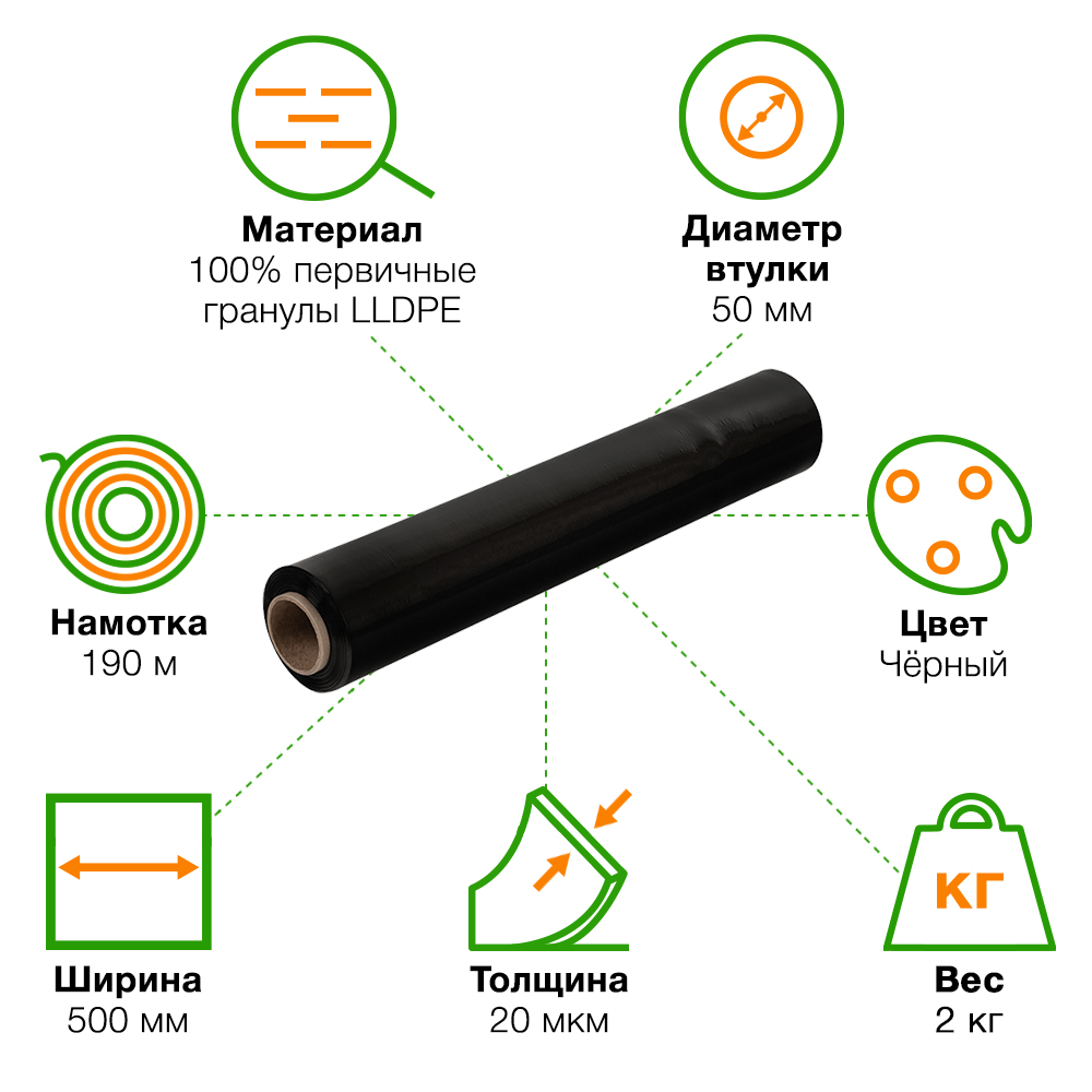 Стрейч пленка черная в рулоне, 500 мм, 20 мкм, 2 кг, 1 сорт Стрейч пленка черная в рулоне, 500 мм, 20 мкм, 2 кг, 1 сорт