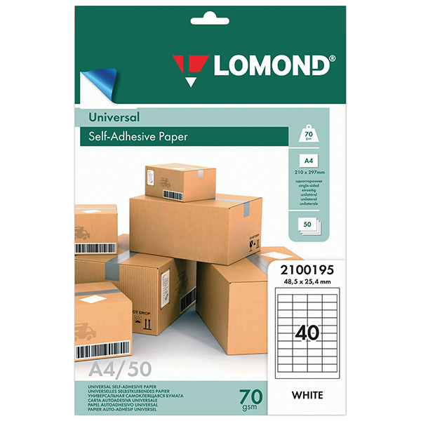 Самоклеящаяся бумага Lomond белая, 50 листов, А4, 40 этикеток, 48.5*25.4 мм Самоклеящаяся бумага Lomond белая, 50 листов, А4, 40 этикеток, 48.5*25.4 мм