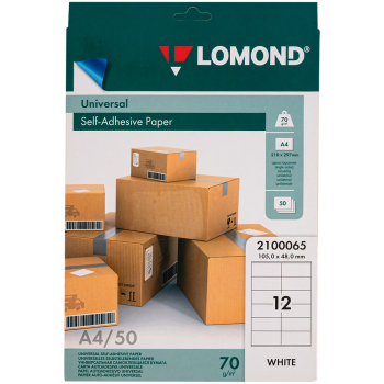 Самоклеящаяся бумага Lomond белая, 50 листов, А4, 12 этикеток, 105*48 мм