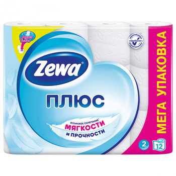 Туалетная бумага ZEWA Плюс, без запаха, 2 слоя, белая, 12 шт./уп.