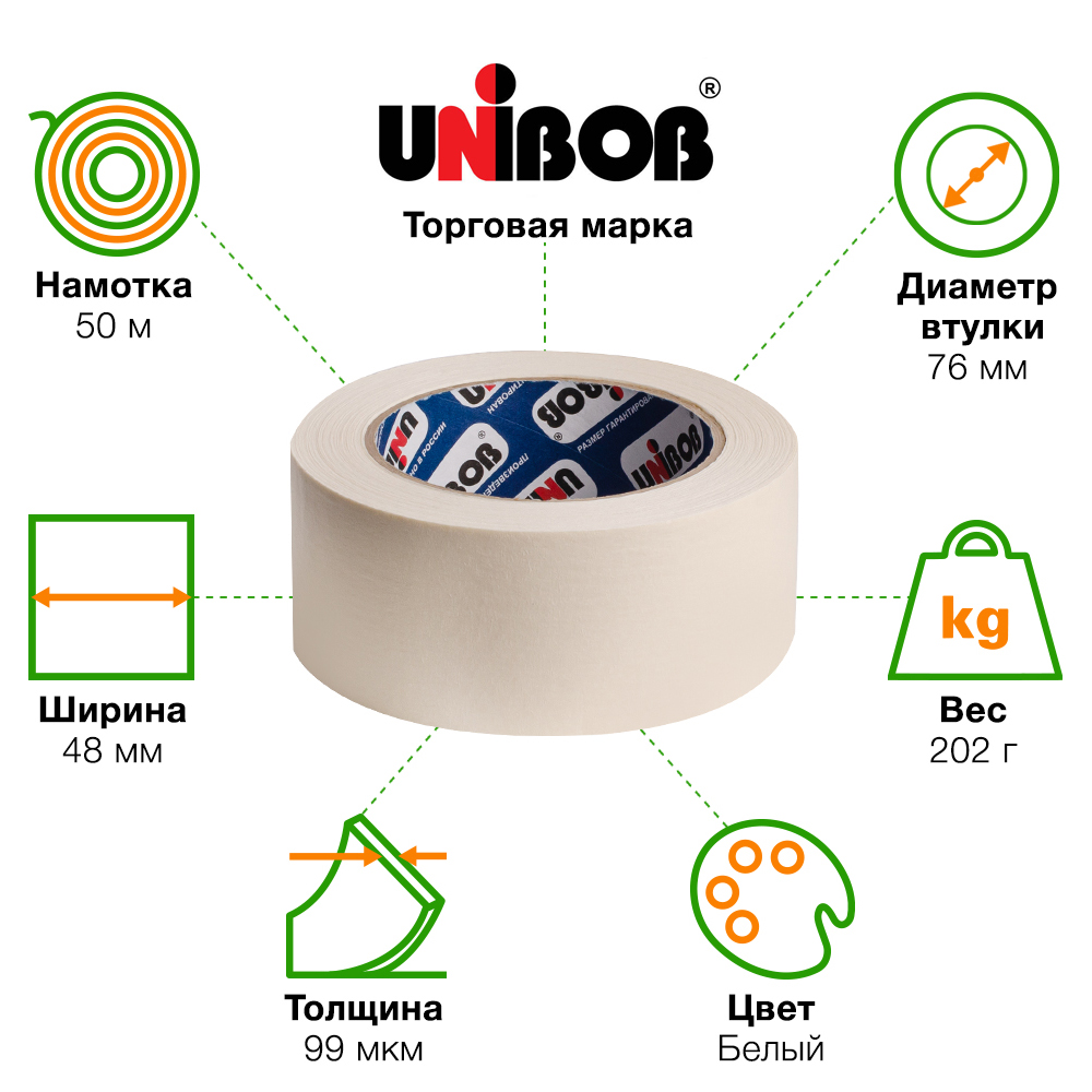 Клейкая лента малярная Unibob®, 48мм*50м Клейкая лента малярная Unibob®, 48мм*50м