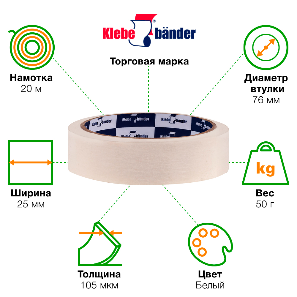 Клейкая лента малярная Klebebander, узкая, 25мм*20м Клейкая лента малярная Klebebander, узкая, 25мм*20м
