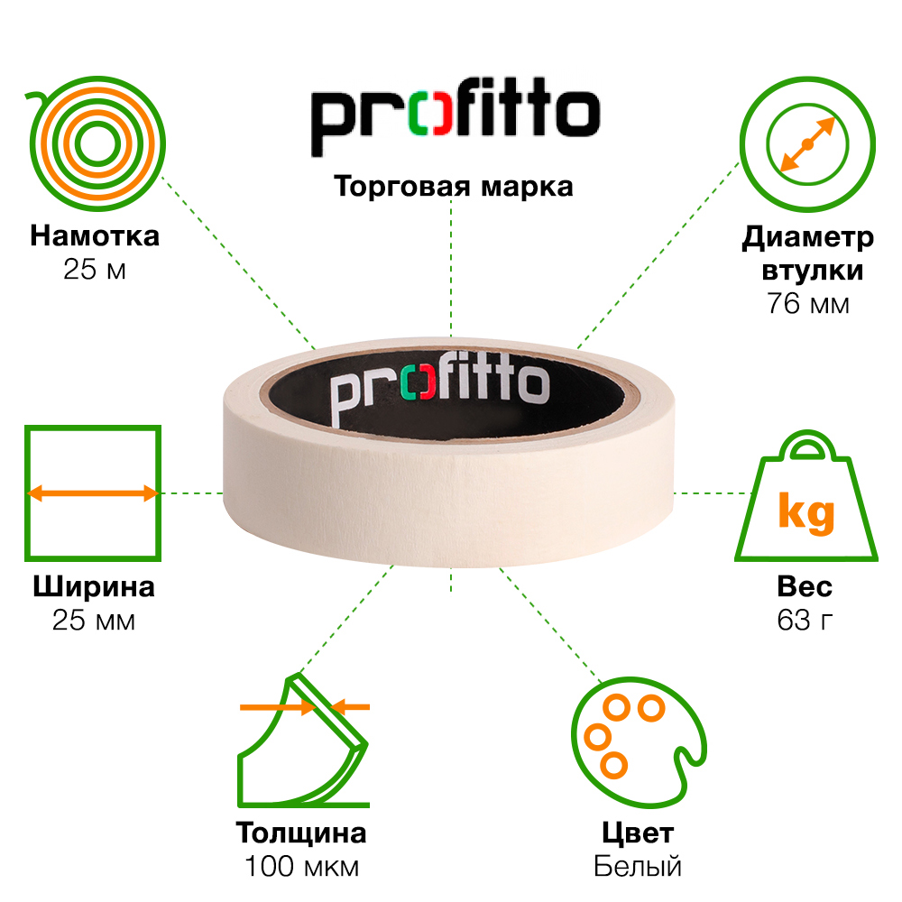 Клейкая лента малярная Profitto, узкая, 25мм*25м Клейкая лента малярная Profitto, узкая, 25мм*25м