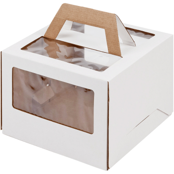 Короб для торта, с окнами и ручками, белый, 220*220*150 мм