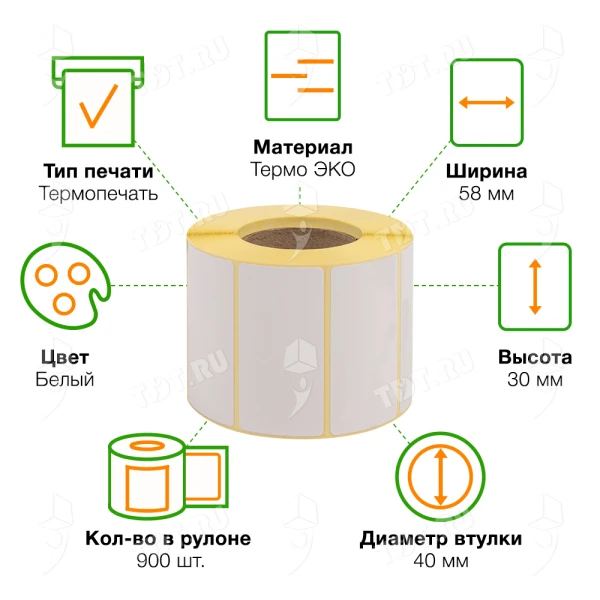 Термоэтикетки самоклеящиеся ЭКО 58*30 мм, втулка 40 мм, 900 шт./рол.