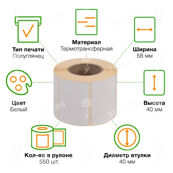 Термотрансферные этикетки ПЛГ 58*40 мм, втулка 40 мм, 550 шт./рол.