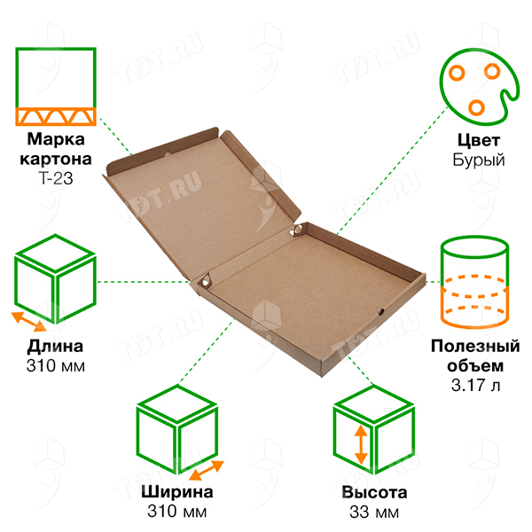 Коробка для пиццы, бурая, 310*310*33 мм